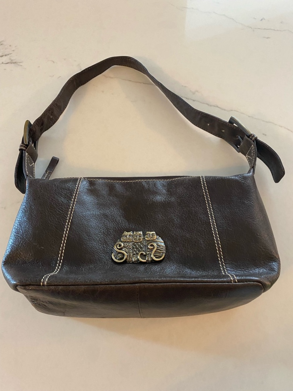 Laurel Burch Vintage Brown Leather Shoulder Bag with Brass Cats Emblem Y2K